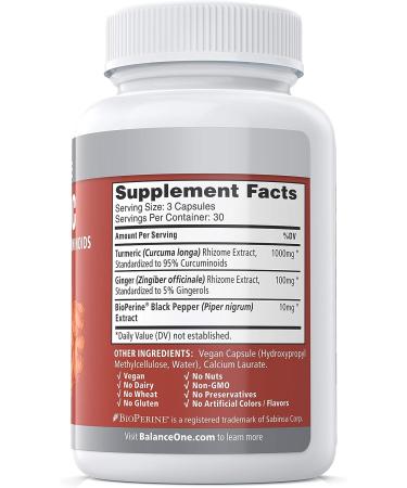Balance ONE Turmeric Extract 1000mg | Ethically Sourced Curcumin Blend with Ginger & BioPerine | Vegan & Non-GMO | 30 Day Supply - Buy Online on GoSupps.com