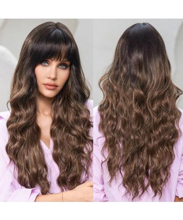 EMMOR Ombre Brown Wigs for Women Long Curly Wig with Bangs Heat Resistant Fiber Synthetic Wigs Daily Natural looking