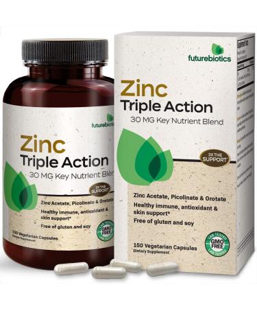 Futurebiotics Zinc Triple Action 30mg Key Nutrient Blend Immune Support Zinc Supplement with Zinc Acetate Picolinate & Orotate - Immune Antioxidant & Skin Health Support - 150 Vegetarian Capsules