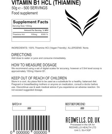 Vitamin B1 Powder Thiamine Hcl REDWELLS - 50g Pack | No Additives, GMO Free, Vegan - Buy Online on GoSupps.com