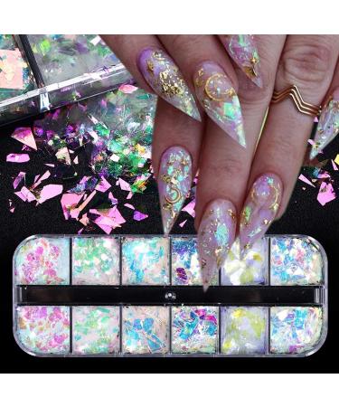 Holographic Mermaid Nail Art Glitter Flakes Iridescent Ice Slag Nail Glitter Sequins Confetti Nail Foil Flakes for DIY Glitter Manicure Decoration Women Nail Art Supplies Accessories12 Grid F3