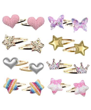 Gingbiss 8 Pairs/16 Pack Hair Clips for Girls, Star/Crown/Heart/Butterfly Shaped Kids Hair Barrettes, Cute Hair Clips Metal Snap Hair Pins Sparkly Hair Styling Accessories for Girls Kids
