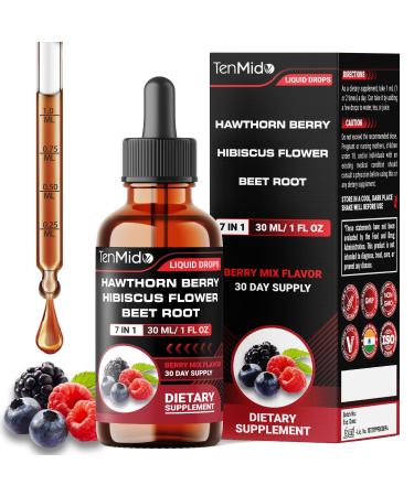 Tenmido Hawthorn Berry Extract Liquid Drops - 7in1 with Hibiscus Beet Root Quercetin Garlic Olive Leaf and Turmeric - Vegan Non-GMO - 30 ml 1 Fl Oz