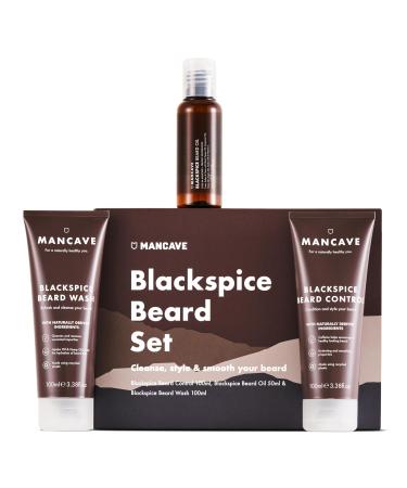 ManCave Blackspice Beard Gift Set with 3 Beard Grooming Essentials For a thicker more healthier beard Vegan Friendly Tubes made using Recycled Plastics Made in England