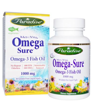 Paradise Herbs Omega Sure Omega-3 Premium Fish Oil 1000 mg 30 Pesco Vegetarian Softgels