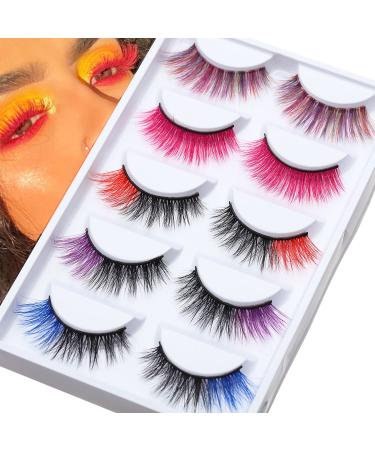 5 Pairs Colored Eyelashes Set, Halloween Cosplay Eyelashes Faux Mink Blue Pink Fake Eyelashes Colorful Eyelashes for Costumes Parties Festivals Style-2