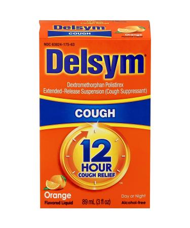 Delsym 12 Hour Cough Relief Liquid- Day Or Night Orange Flavor Cough Medicine With Dextromethorphan Helps Quiet Cough By Suppressing Cough Reflex 3 oz.
