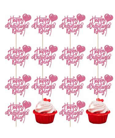 Rsstarxi 24 Pack Glitter Happy Valentine's Day Cupcake Toppers Heart Cupcake Picks Decoration for Happy Valentine's Day Theme Wedding Birthday Party Cake Decorations Pink Design 10 Pink
