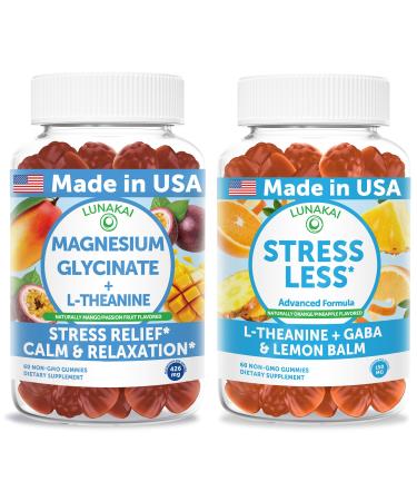 Lunakai USA Made Magnesium Glycinate with L-Theanine + Stress Less Gummies Bundle Naturally Flavored Non-GMO 60ct Each