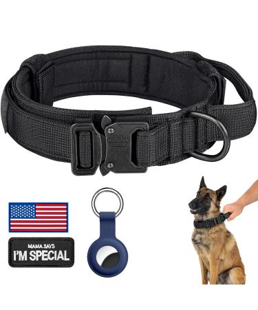 DAGANXI Tactical Dog Collar, Adjustable Military Training Nylon Dog Collar with Control Handle and Heavy Metal Buckle for Medium and Large Dogs, with Patches and Airtags Case L Black