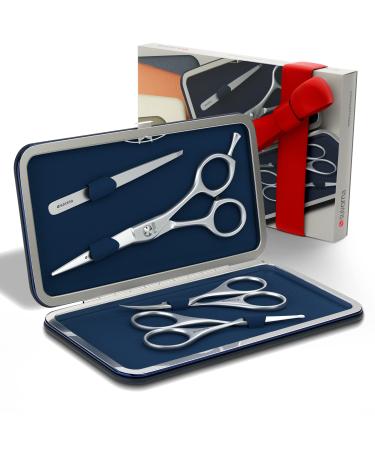 Suvorna 4 Pcs Beard trimming kit for men with 5.5" Mustache Scissors Beard Scissors Ear Scissors Eyebrow Scissors Grooming Scissors Nose Scissors Men Slant Tweezers Facial Hair Scissors Professional. Dark Blue