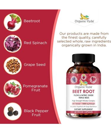 Buy Organic Veda Beet Root Triple Reds - 14000mg Nitric Oxide Supplement with Beetroot Pomegranate & Red Spinach | 60 Capsules for Enhanced Blood Flow & Energy - Buy Online on GoSupps.com