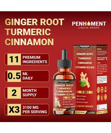 Penhoment 11in1 Liquid Ginger Extract with Liquid Turmeric, Ceylon Cinnamon Drops, Vitamin D3, Vitamin K2, Berberine Extract, Garlic, Black Pepper - Drops Extract - 1FL Oz - 2 Month Supply - Buy Online on GoSupps.com