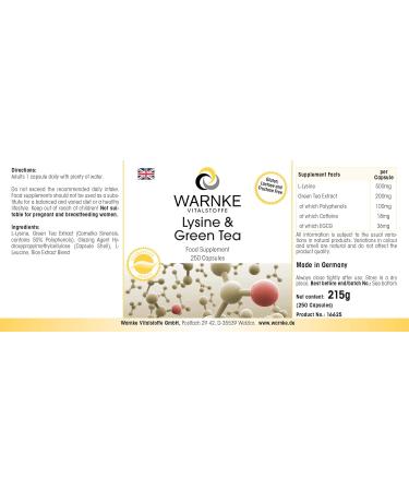 Lysine and Green Tea 500 mg L-Lysine 200 mg - Green Tea Extract - 250 Capsules - Vegetarian - 50% Polyphenols | Warnke Vitalstoffe - Quality from German Pharmacies - Buy Online on GoSupps.com