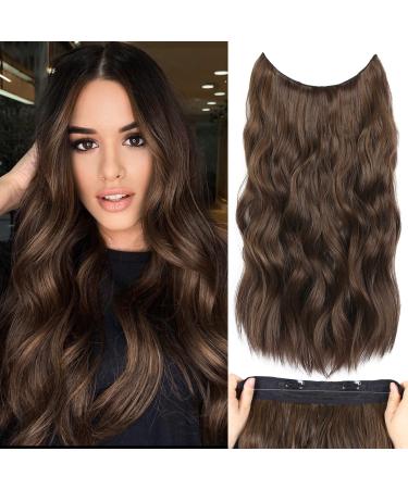 Invisible Wire Hair Extensions with Adjustable Transparent Wire Secret Wire Hair Extensions with 2 Secure Clips 20 Inch Synthetic Long Hair Pieces for Women (Color: Dark Brown Mixed Chestnut Brown)