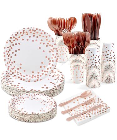 White and Rose Gold Party Supplies - 350 PCS Disposable Dinnerware Set - White Paper Plates Napkins Cups, Gold Plastic Forks Knives Spoon for Graduation, Birthday, Cocktail Party White & Rose Gold