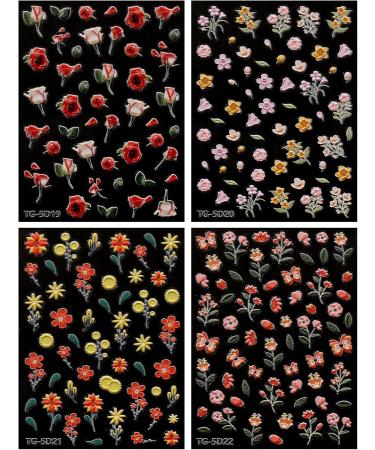 JMEOWIO 3D Embossed Flower Nail Art Stickers Decals Self-Adhesive 5D Colorful Floral Spring Summer Sunflower Nail Supplies Nail Art Design Decoration Accessories 4 Sheets - Buy Online on GoSupps.com