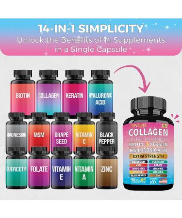 Collagen Supplement - Type I, II, III, V and X - with Biotin, Keratin, Hyaluronic Acid & 13+ Extra Strength Ingredients - (90 Capsules) 90 Count (Pack of 1) - Buy Online on GoSupps.com