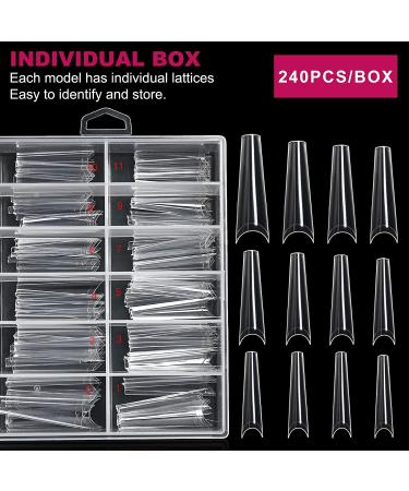 240Pcs Clear Long Coffin Nail Tips - XL C Curve Acrylic Nails for Nail Art Design | Half Cover False Nail Tips with Case - 12 Sizes Included - Buy Online on GoSupps.com