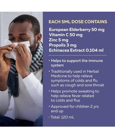 Nature's Way Sambucus Cold and Flu Care Immune with Vitamin C and Zinc Elderberry Syrup with Echinacea and Propolis Used in Herbal Medicine for Symptom Relief for Kids 2+ and Adults 120 ml - Buy Online on GoSupps.com