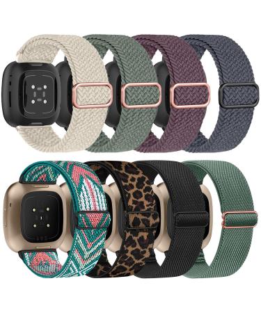ZPOLY 8 piece of bracelet compatible with Fitbit Versa 4 Fitbit Versa 3/Fitbit Sense 2/Sense Sport Bracelet soft elastic replacement nylon sport replacement volume Band for women Starlight/pine needle green/smoke -violet/blue -gray/arrowhead/leopard brown