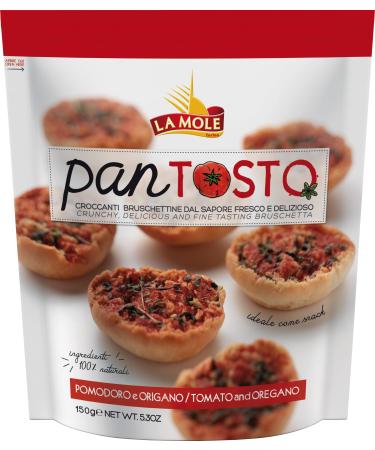 La Mole Tomato & Oregano Pan Tosto Oven Toasted Brushetta. Best Served with Meats Soft Cheeses & Tomatoes or Partnered with Dips and Soups Kosher Friendly 150g Bag