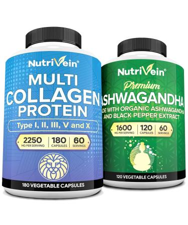 Nutrivein Premium Multi Collagen Capsules & Ashwagandha Supplements Bundle: High-Absorption Ashwagandha Root & Multi Collagen Peptides Capsules for Body and Mind