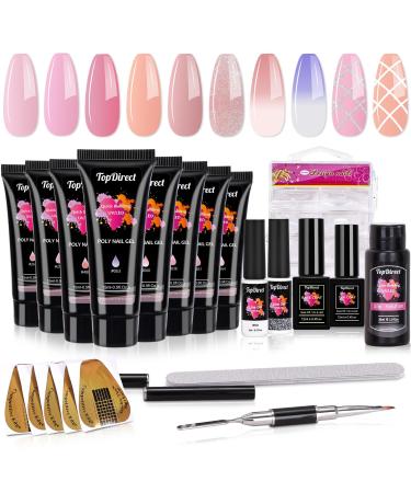 TopDirect Poly Gel Nail Kit 8 Colours Poly Gel 15 ml with White & Silver Liner Gel Polish 100 False Nail Tips Base Top Coat Builder Gel Nail Kit Full Set for Beginners Gift for Women Mix-1