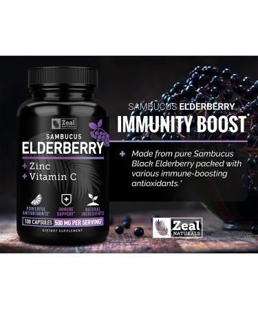 Max Strength Elderberry Capsules with Zinc & Vitamin C | 500mg Immune System Support | Black Sambucus Elderberry | 100 Count | 3-in-1 Support for Adults - Buy Online on GoSupps.com