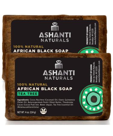 Ashanti Naturals African Black Soap Bar | Scented Natural Black Soap with Raw Shea Butter and Coconut Oil - 2pk 4oz Bars (Tea Tree)
