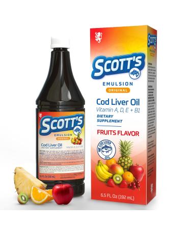 SCOTT'S EMULSION Cod Liver Oil Liquid for Kids Fruits Flavor Supports Growth Immunity & Bone Health Rich in Omega 3 & Vitamins A+D Easy-to-Take Fish Oil 6.5 Fl Oz