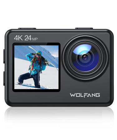WOLFANG GA200 Action Camera 4K 24MP Waterproof 40M Underwater Camera EIS Stabilization WiFi Adjustable Wide Angle Vlog Camera (Charger, 2 Batteries, Remote Control and Accessory Kit)