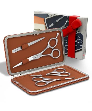 Suvorna 4 Pcs Beard grooming kit for men with 5.5" Beard Scissors Mustache Scissors Ear Scissors Nose Scissors Eyebrow Scissors Slant Tweezers Men Grooming Scissors Facial Hair Scissors Professional. Orange Brown