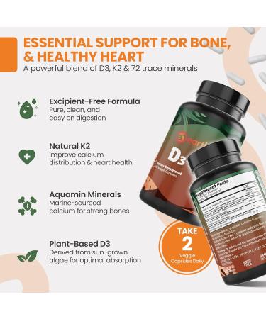 EarthNutri - Vitamin D3 Plus K2 Vitamin Supplement 5000 IU Includes K2 from MENA Q7 D3 from Vitashine Calcium from Aquamin & 72 Trace Minerals for Immune Bone & Heart Health - Non-GMO - Buy Online on GoSupps.com