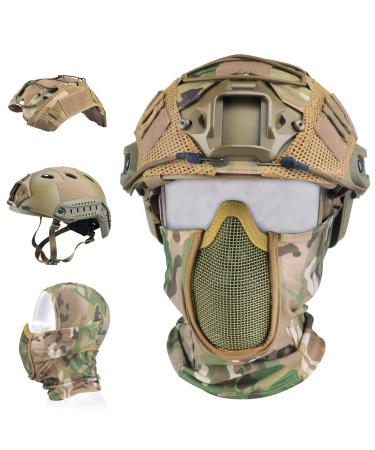 Guayma Airsoft Fast Helmet with Cover Half Mesh Mask Headgear PJ Type Tactical Multifunctional Protective NVG Mount for Paintball Multicam Military Outdoor Sports CS Game Shooting tan
