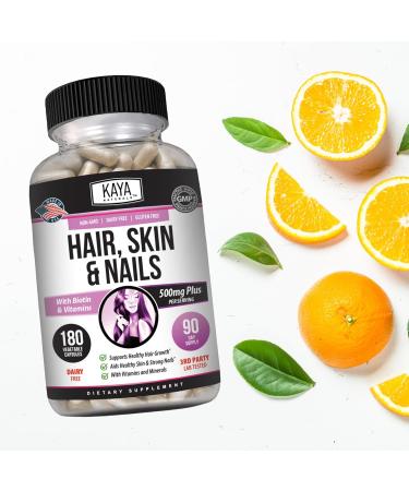 Kaya Naturals Hair Skin Nail Capsules BIOTIN Vitamin D Vitamin B-12 A Folic Acid Support Hair Support Vitamin Supplement - 180 Count 180 Count (Pack of 1) - Buy Online on GoSupps.com