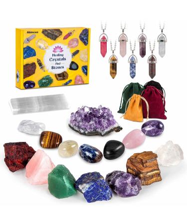 Abincee Crystals Set,23PCS Healing Crystals and Stones kit Include 7 Crystal Necklaces,7 Raw Chakra Stones & 7 Trumbled Stones,Selenite Stick and Amethyst Crystal kit for Yoga,Witchcraft,Beginners