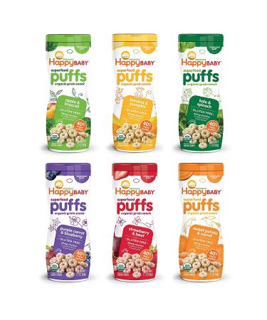 Happy Baby Organics Superfood Puffs, Variety Pack, 2.1 Ounce, Pack of 6 (Flavors may Vary)