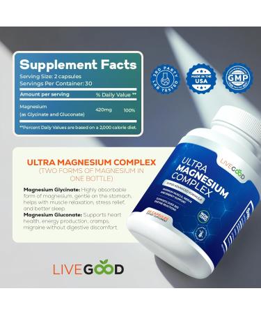 LiveGood Ultra Magnesium Complex Organic Magnesium Glycinate and Gluconate for Muscle Recovery Nerve Support & Relief High Absorption Supplement Vegan Non-GMO Made in USA 60 Capsules - Buy Online on GoSupps.com