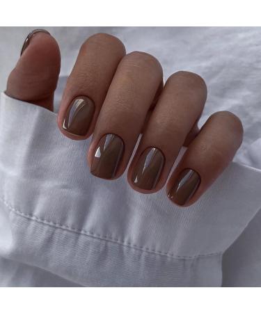 Brown Press on Nails - Short Square - 48 Pcs Thick Reusable Gel & Acrylic Fake Nails for Women - Natural Solid Color Brown Coffin Style - Buy Online on GoSupps.com