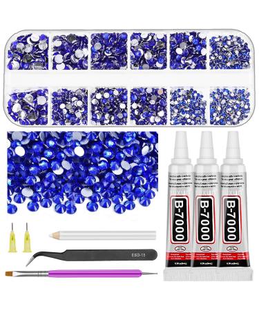 GLARKS B7000 Jewelry Adhesive Glue with Rhinestone Gems Kit 2600Pcs Dark Blue Rhinestones with Gems Adhesive Flat Back Gems Crystal Rhinestones with 6Pcs Dotting Tools for Craft Nail Art
