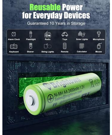 Brightown 12-Pack Rechargeable AA Batteries - 2400mAh High Capacity NiMH for Solar Lights & Devices Recharge 1200 Cycles UL Certified 1.2V - Buy Online on GoSupps.com