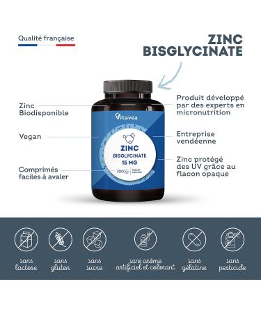 Zinc Bisglycinate 700 tablets - Acne Skin Hair Immunity - Contains 46 mg of Zinc Bisglycinate (including 15mg Zinc Element) - Without Digestive Discomfort - Vegan - Made in France - Vitavea - Buy Online on GoSupps.com