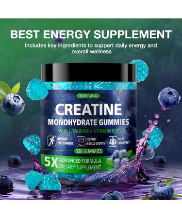Creatine Monohydrate Gummies for Men & Women - Blueberry Flavor Raspberry-Shaped - Chewable Creatine Gummy with Taurine & Vitamin B12 5g Creatine per Serving 120 Gummies Blueberry 120 Count (Pack of 1) - Buy Online on GoSupps.com