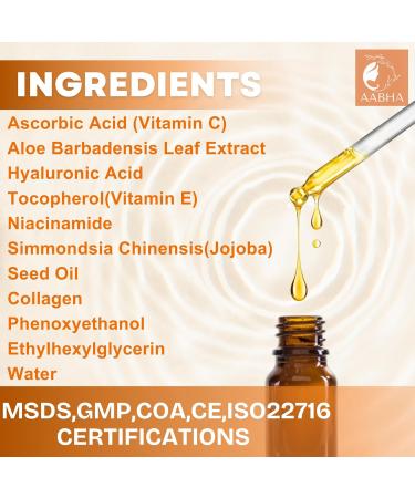 AABHA 30%Vitamin C Face Serum Professional Korean Skincare Product For Women And Men Includes Hyaluronic Acid Niacinamide Vitamin E And Collagen 5 In 1 Formula For Hydration And Glowing Skin CONTROLS Aging Scars Pores Pigmentation Dark Spots (30ml) - Buy Online on GoSupps.com