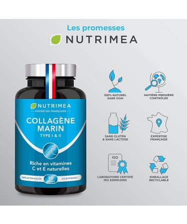 MARINE COLLAGEN - Type 1 & 2 PATENTED Pure and Natural - Vitamins A C & E Plant-based - Nutrimea - Skin Hydration - Protects Bones and Joints - 900 mg - 90 Capsules - Made in France - Buy Online on GoSupps.com