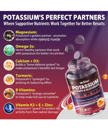 Potassium Citrate and Potassium Gluconate Supplement, 1200mg Two Forms of Potassium Gummies, w/Magnesium, Omega-3, Calcium, Vitamin D3 K2 B12 E B6, Folate for M , Nerves, Health Bones, 120Cts 60 Count (Pack of 2) - Buy Online on GoSupps.com