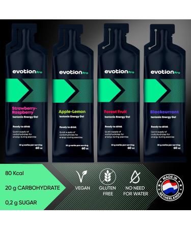 Evotion Pro High Energy Gel 20x60ml - 80kcal 20g Carbs - Mix Box Maltodextrin Power Gel for Sports & Marathon Energy - Buy Online on GoSupps.com