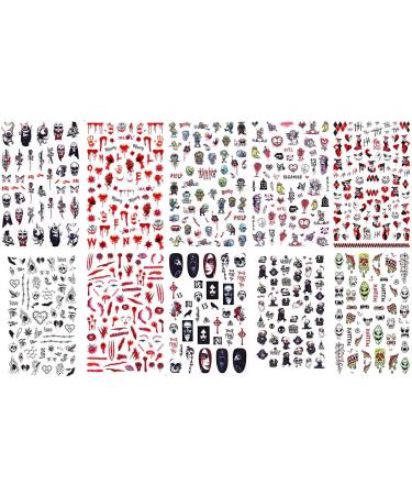 10 Sheets Halloween Nail Art Sticker Set - Self-Adhesive Skull Pumpkin and Bat Nail Art Decals for Manicure Design and Decoration