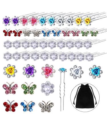 40Pcs Rhinestone Hair Pins for Women Girls Bridal Hair Accessories  U Shaped Colorful Rose Flowers Butterfly Pearl Crystal Embellished Bobby Pins Bling Sparkly Hairpins for Wedding Birthday(3 Styles)